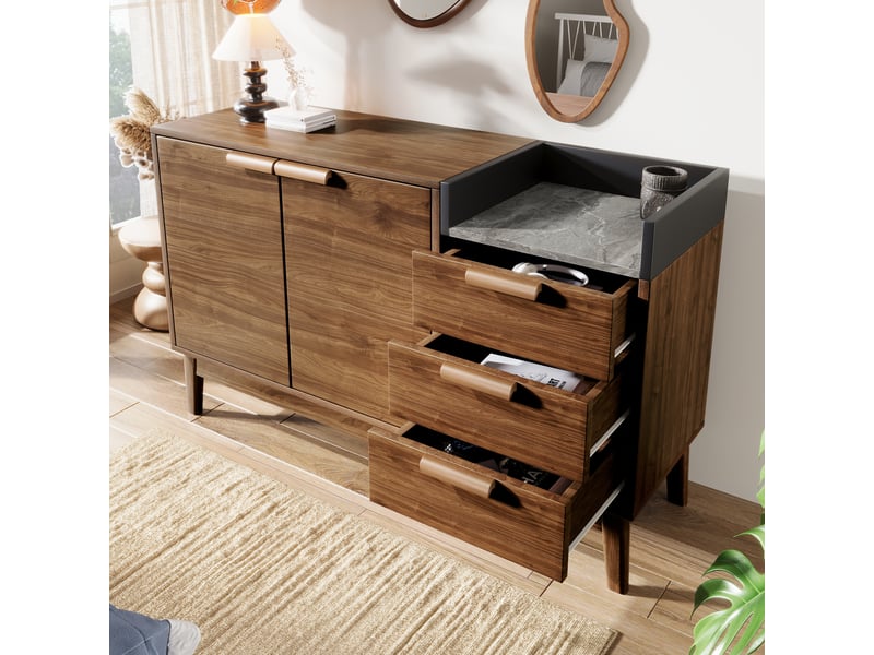  Commode 120 × 40 × 77 cm, avec plateau ouvert, 3 tiroirs et armoire 2 portes à étages réglables, chêne, avec rangement modulable, coloris naturel CARDUME ESTIVAL - Conforama B