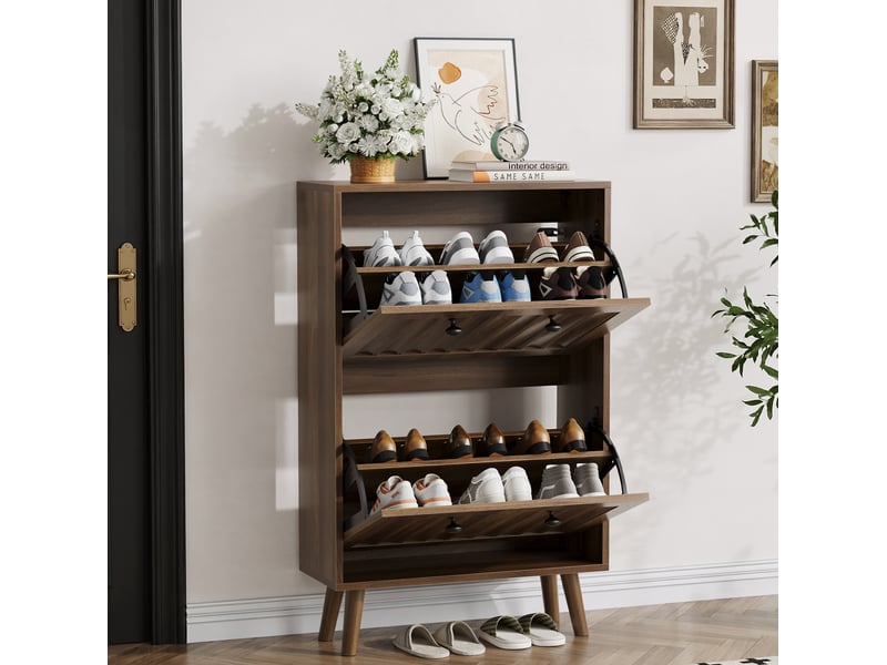  Meuble à chaussures 60x24x95 cm, style années 50, rangement modulable en mdf et panneau de particules, noyer  - Conforama B
