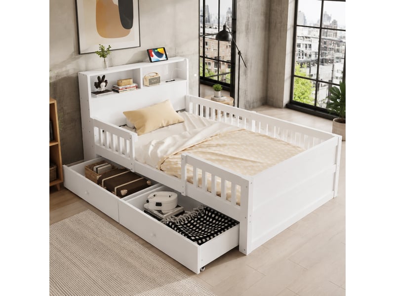 Lit enfant 90 × 190 cm 1 place avec 2 tiroirs, usb, port type c et lampe de lecture, sans matelas, blanc - Conforama C