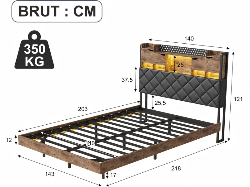  Lit 140x200 cm - led intégrée et rangement - tête de lit avec étagères - style industriel bois et métal  - Conforama C