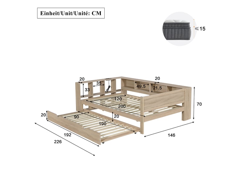  Lit gigogne 120x200cm avec second couchage 90x190cm, 2 couchages, rangements périphériques, étagères réversibles et usb, pin naturel, pour chambre  - Conforama D
