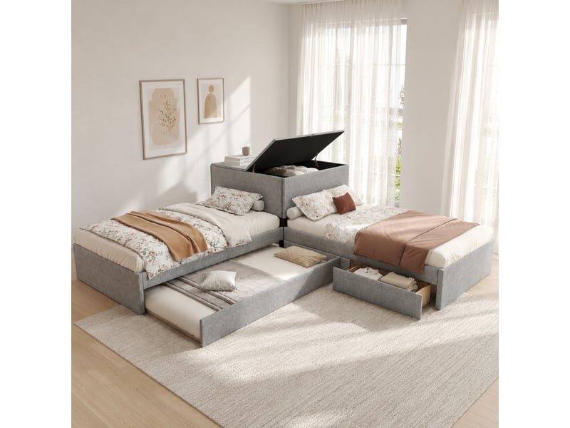  Lit gigogne 90x200 cm avec rangement en lin gris  - Conforama C