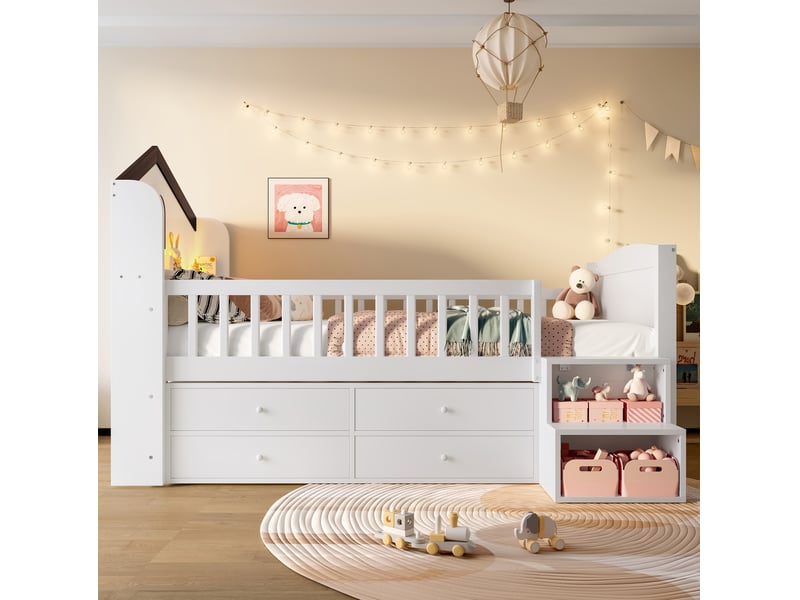  Lit enfant mi-hauteur 90x200 cm avec 4 tiroirs et led blanc  - Conforama D