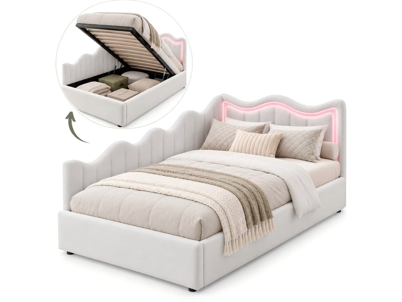  Lit simple canapé-lit banquette coffre 90x200 led velours teddy blanc kefsr avec sommier à lattes et vérins - lit d'appoint moderne  - Conforama A