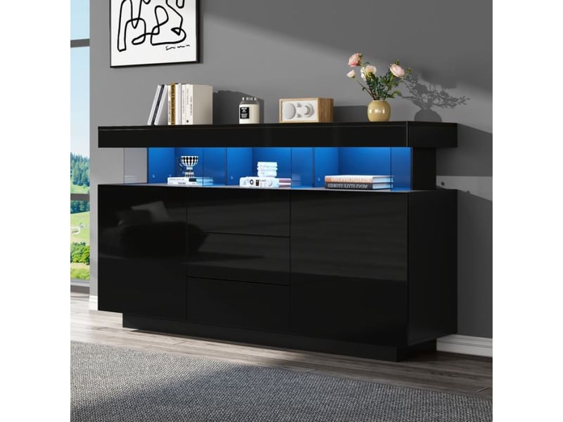  Buffet moderne, moderne, deux portes et trois tiroirs, meuble de rangement brillant, buffet de salon avec éclairage led, 140×35×80cm, noir  - Conforama B