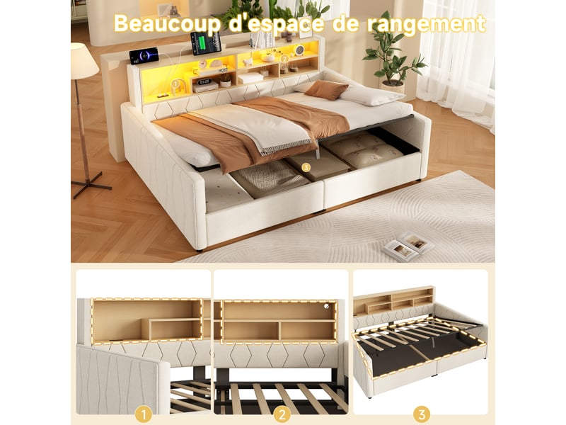 Canapé-lit rembourré 140x200 cm avec led et usb,lit coffre rangement hydraulique,tête de lit de rangement,tissu lin,beige - Conforama E