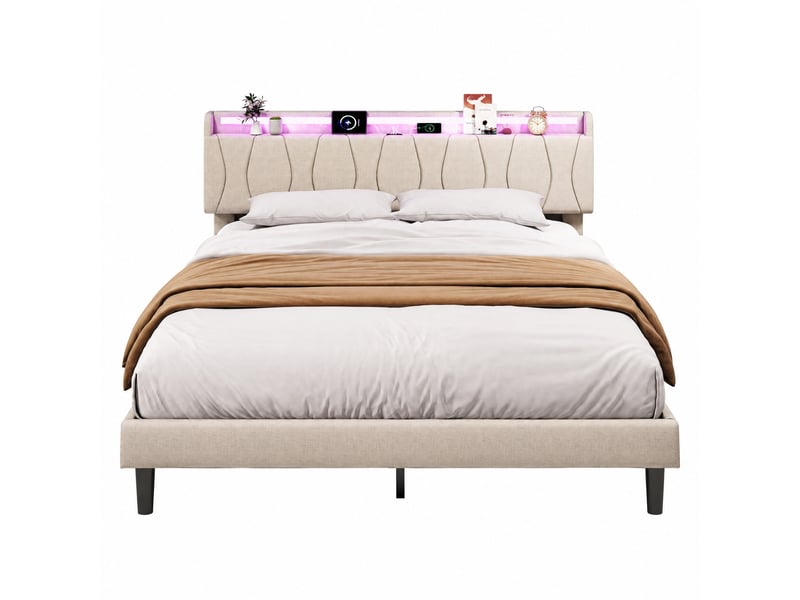  Lit capitonné 140x200 cm, lit 2 place avec led et usb, lit adulte avec sommier à lattes,gris lin lit double, sans matelas  - Conforama A