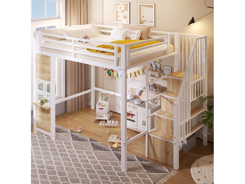  Lit surélevé 140x200 cm, blanc, mdf et métal, équipé de garde-corps et d'escalier de rangement, sans matelas  - Conforama D