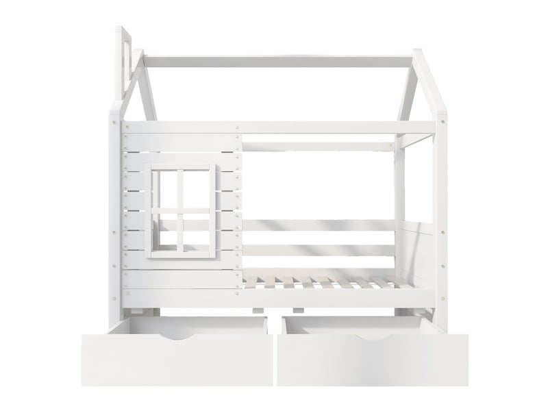  Lit cabane enfant 80x160 en pin massif blanc, lit avec barrière de sécurité, tiroirs de rangement et sommier inclus  - Conforama W