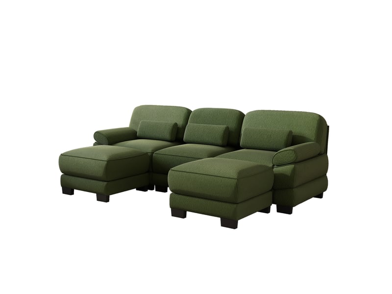 Canapé modulable 3 places 265x161x94 cm, coussins d’assise épais, assise profonde, avec 2 poufs, en velours côtelé, vert - Conforama A