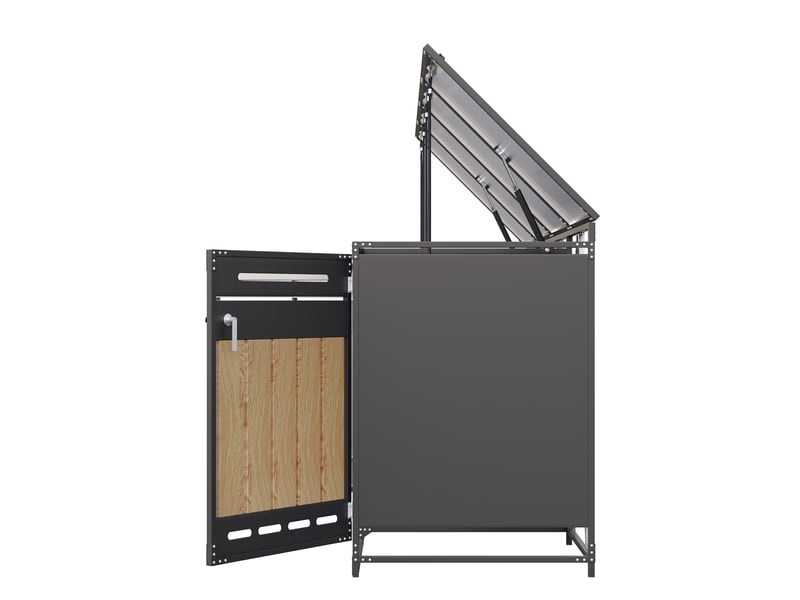  Cache-poubelles 4 compartiments avec couvercle hydraulique, panneaux bois vertical, métal noir  - Conforama E