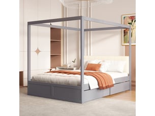 Lit enfant 100x200 cm avec led et 2 tiroirs, lit simple rembourré en lin gris avec tête de lit