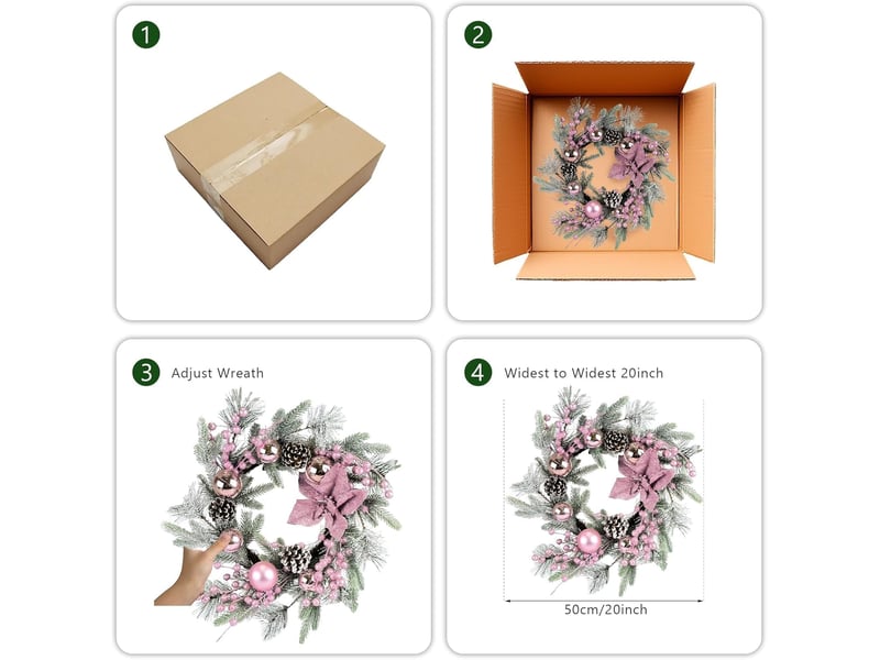  Lot de 2 couronnes de noël roses 50 cm avec lumières led, boules, pommes de pin et baies, décoration porte intérieur extérieur  - Conforama E