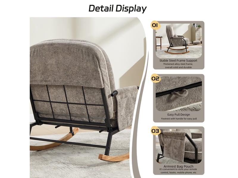  Fauteuil à bascule surdimensionné pour terrasse avec repos-pieds, poche latérale, coussin rembourré, dossier réglable, gris clair  - Conforama E