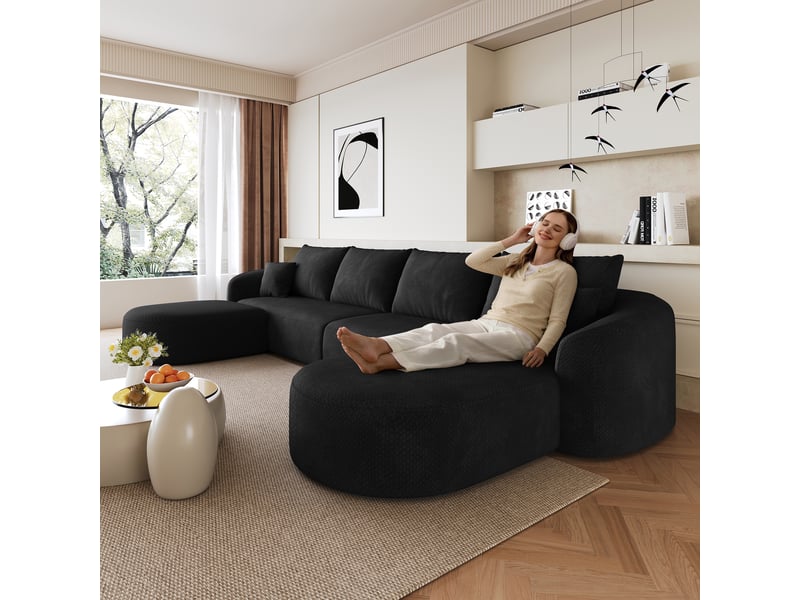  Canapé modulable panoramique en u, revêtement tissu noir, structure sans cadre bois, installation rapide pour salon moderne  - Conforama E