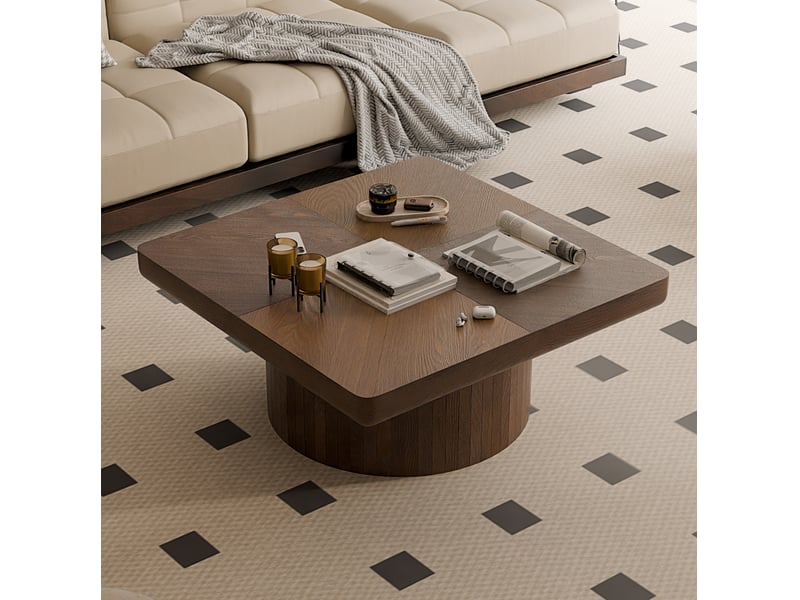  Table basse carrée à plateau parquet de 8 cm en bois et mdf, coloris noyer  - Conforama B