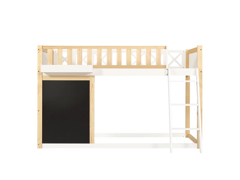 Lit mezzanine 90x200cm, lit enfant surélevé avec ardoise de jeu et bac de rangement, bois de pino massif et mdf gain de place, blanc et naturel - Conforama D