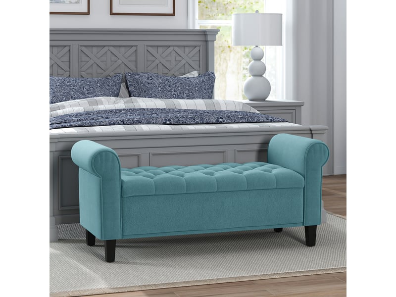 Banc de rangement bout de lit avec accoudoirs, tissu velours rembourré et capitonné, 126 x 48,5 x 57 cm, vert - Conforama C