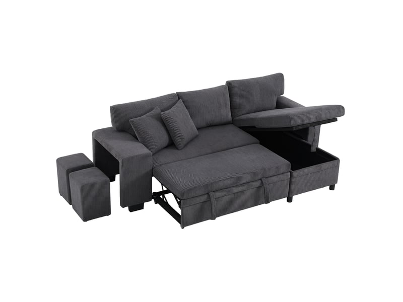 Canapé d'angle convertible 3 places 231 x 131,5 cm gris foncé en velours côtelé, rangement et ports usb type-c - Conforama D