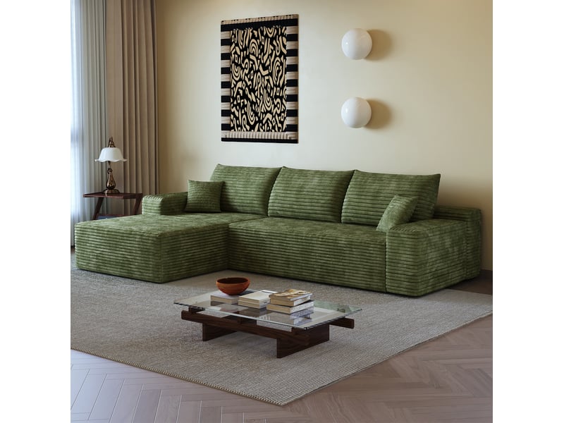 Canapé d'angle modulaire 3 places 270 cm en velours côtelé vert, méridienne gauche et assise profonde - Conforama B