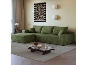 Canapé d'angle modulaire 3 places 270 cm en velours côtelé vert, méridienne gauche et assise profonde
