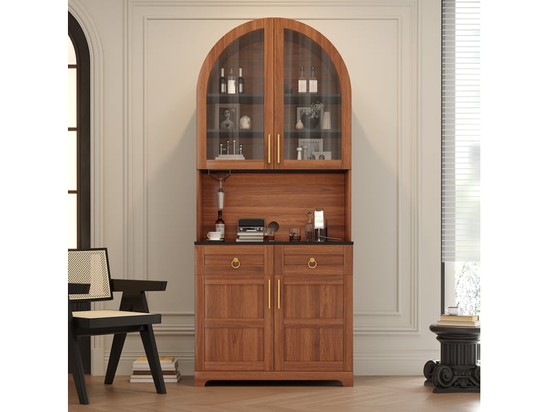  Buffet haut 80x40x180 cm avec led, prises usb et rangements, noyer  - Conforama W