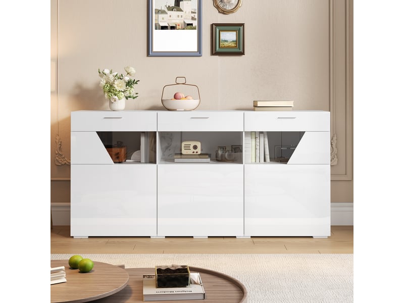 Buffet 3 portes avec vitrage et led contrôlée par application pour salon 160×38×78 cm blanc - Conforama C
