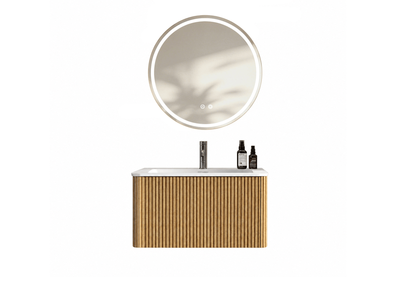  Ensemble meuble de salle de bain 80 cm avec vasque, miroir led rond 80 cm, chêne  - Conforama A