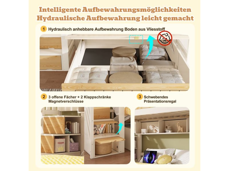  Lit superposé en bois pour enfants - 90x200 &amp; 140x200 cm - espace de rangement hydraulique - armoire escalier YJP-AB60475456789A - Conforama E