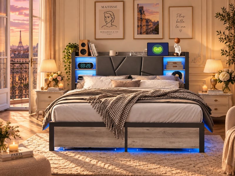 Lit 2 places 160x200 cm - pu noir - led rgb, usb et 2 tiroirs - Conforama B