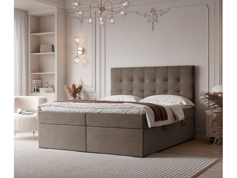 Lit adulte imperial - 200x200 cm - matelas ressorts + surmatelas - coffre de rangement - velours dense hydrofuge marron clair IMPERIAL - Conforama B