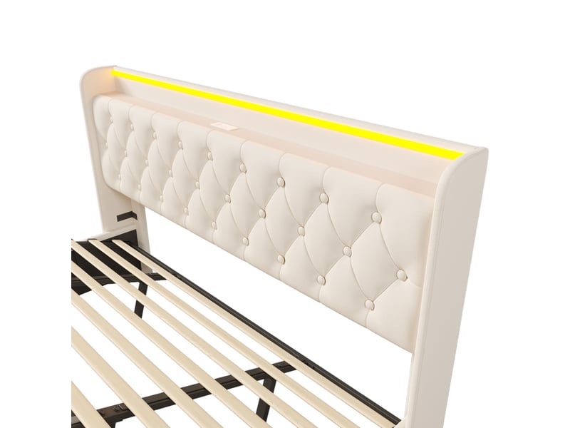 Lit coffre 180x200cm avec led ambiante 360°, ports de charge usb et type-c, design tendance, sans matelas, pu, blanc - Conforama E