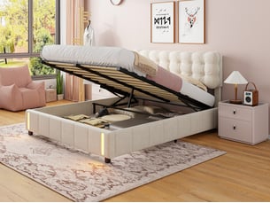 Lit coffre 140x200cm - lit 2 places - avec led - velours - beige, sommier à lattes (matelas non inclus)