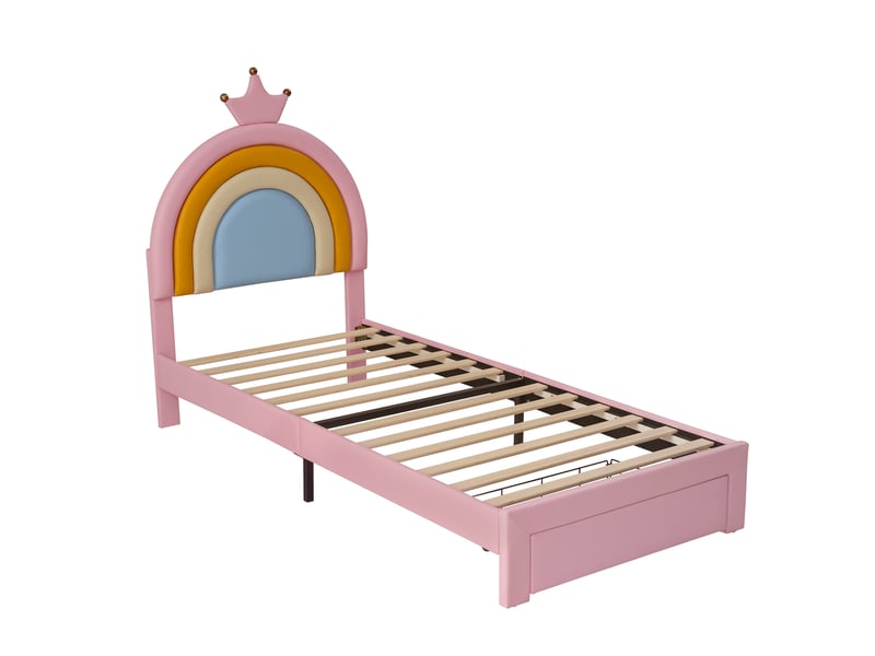 Lit enfant rembourré 90x200 cm avec tiroir et tête de lit réglable, rose, sans matelas - Conforama R