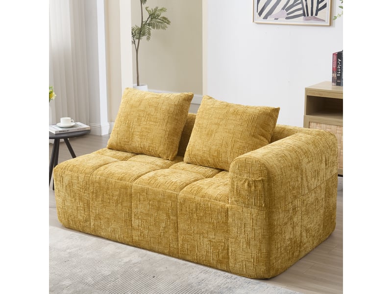  Canapé 2 places en chenille jaune avec coussin et poches latérales, sans montage, assise moelleuse  - Conforama B