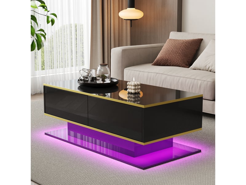  Table basse moderne à led avec finition brillante, 100 cm de long, bordure dorée, 3 tiroirs et bande lumineuse led usb (adaptateurbatterie externe requis)  - Conforama B