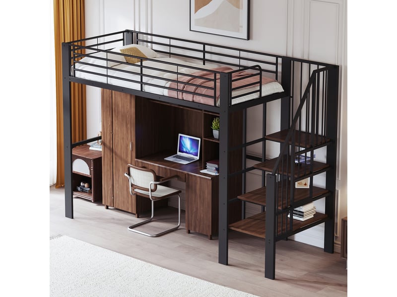  Lit mezzanine 90x200cm coloris noir métal et bois massif lit enfant noir - Conforama E