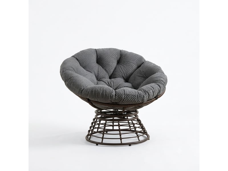  Fauteuil papasan pivotant 360° en résine tressée - dia. 92cm - coussin épais velours côtelé confortable - marron et gris  - Conforama A