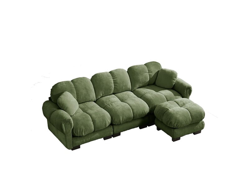  Canapé modulable d’angle en l, 3 places, avec pouf mobile, 260 x 149 x 90 cm, chenille vert  - Conforama A