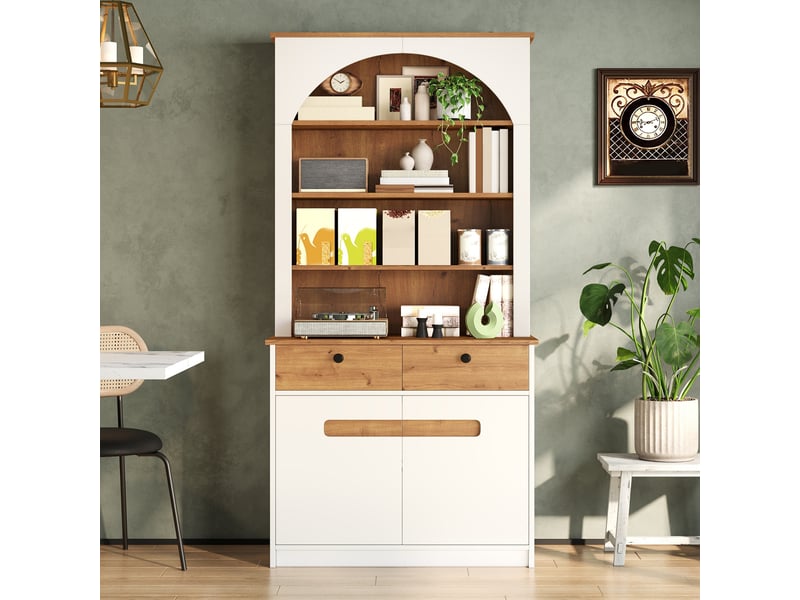 Armoire de cuisine haute 80x40x180cm, 2 portes vitrées, 2 tiroirs, niche ouverte et étagères réglables, façade cintrée, blanc et bois naturel - Conforama B