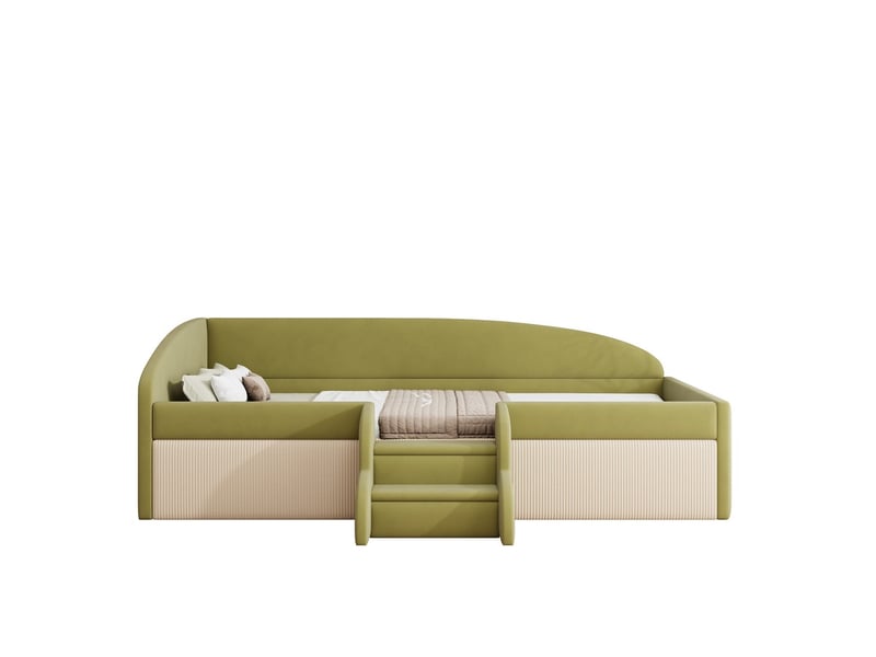  Lit banquette 90x190 cm en velours doux avec rangements barrières et marches vert foncé crème sans matelas  - Conforama A