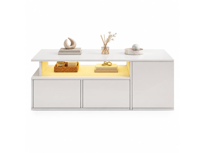 Table basse avec 2 tiroirs, led et 9 compartiments pour salon 100×50×35 cm en panneaux de particules blanc - Conforama A