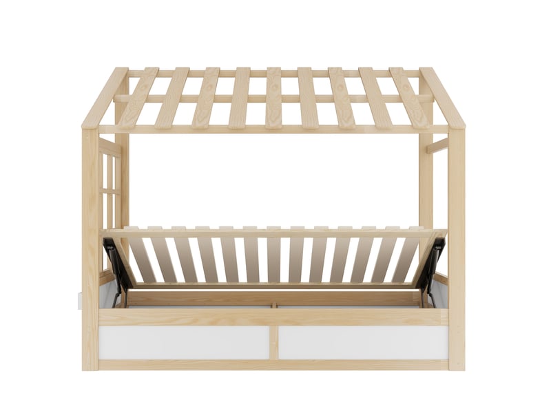  Lit coffre enfant 90x200 cm - lit avec rangement hydraulique et rangements latéraux - structure maison en bois - blanc naturel  - Conforama R
