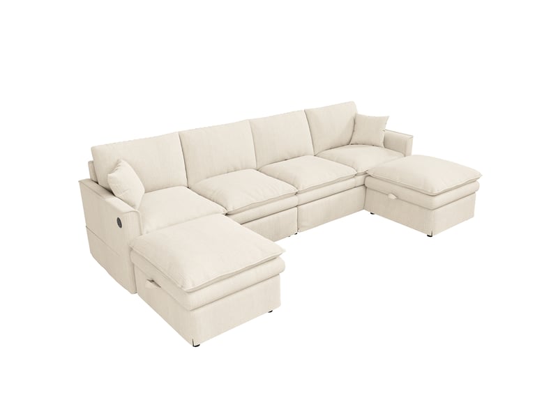 Canapé modulaire 6 places en u ou l avec rangement, ports usb et usb-c, 2 poufs et coussins en coton-lin beige - Conforama A