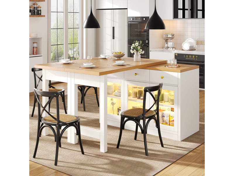 Table extensible avec 3 tiroirs, 3 portes vitrées et led pour cuisine et salle à manger en mdf blanc - Conforama B