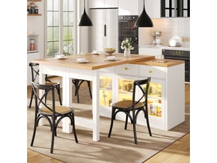 Table extensible avec 3 tiroirs, 3 portes vitrées et led pour cuisine et salle à manger en mdf blanc