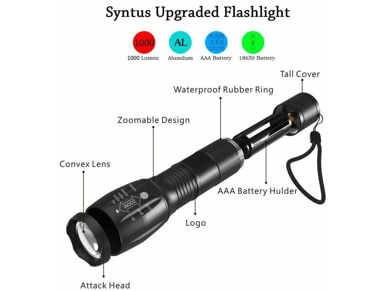  Lampe torche d puissante xml-t6 lampe torche militaire utilisab pour vélo ou randonnées et 5 modes dont flash anti-agression, zooms et  - Conforama B