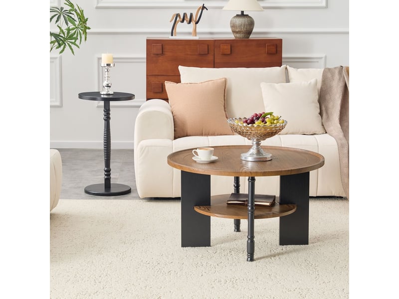  Table basse avec rangement forme ronde table de salon ensemble de 2 pièces panneau de fibres de bois rangement intégré table d'appoint assortie emballage individuel  - Conforama A