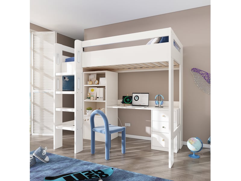  Lit mezzanine 90x200 cm avec bureau, rangements, escalier et sommier blanc  - Conforama D