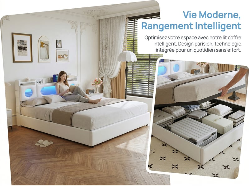  Lit coffre 160x200 cm en tissu lin - éclairage led et port usb - tête de lit avec rangement - sommier à lattes avec rangement hydraulique  - Conforama E